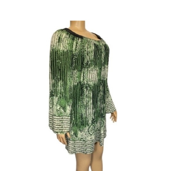 Beige By Eci Dress Mini Mod Tunic Boho Retro Green Black bell sleeves size M - Picture 10 of 14